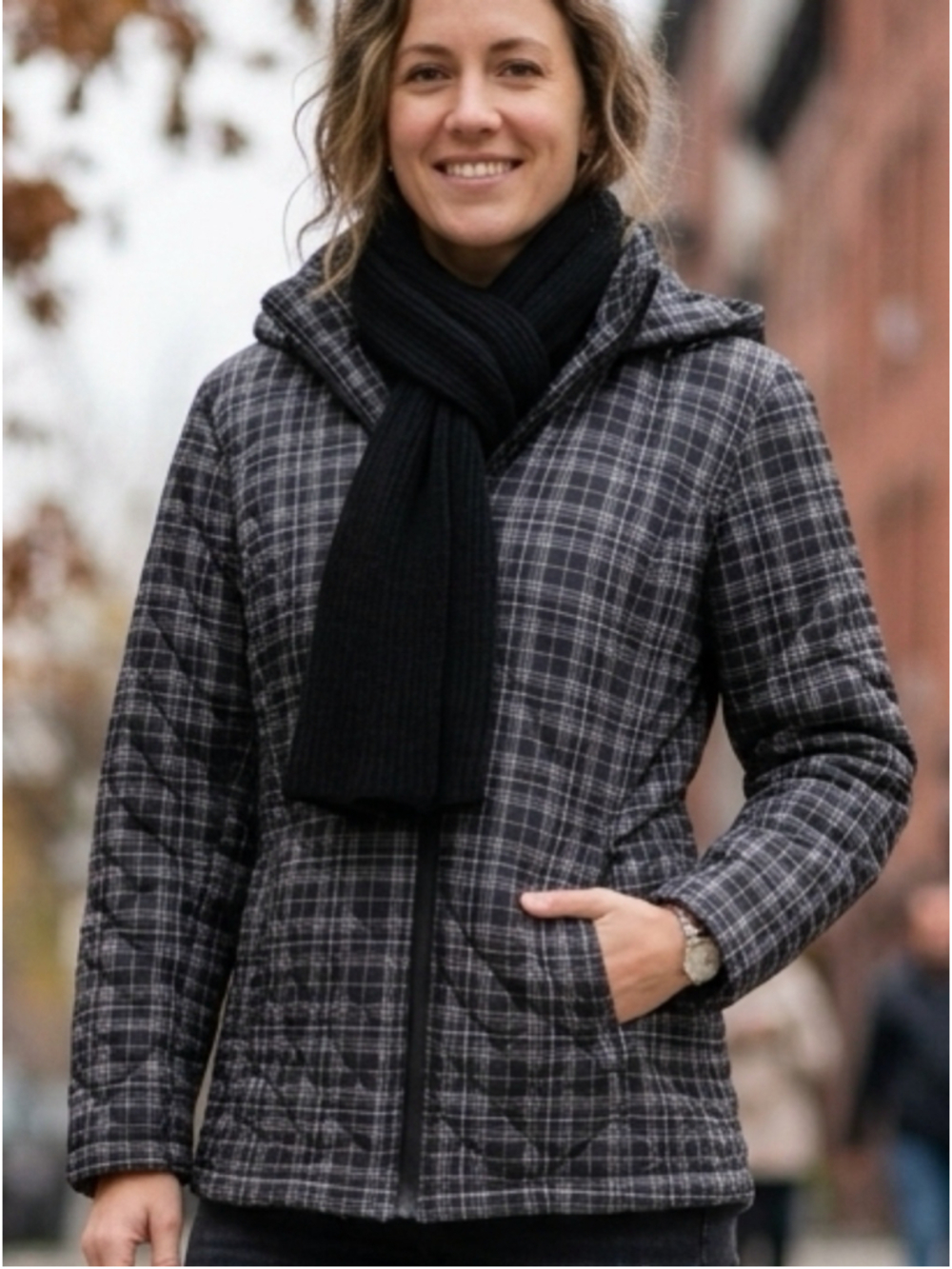 Northern Reflections Plaid Quilted Hooded Jacket Black Grey Woman's Size XL